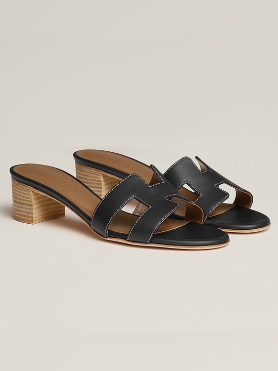 Hermes Shoes - Hermes Black Oasis Leather Slide Sandals with Stacked Heel Sz 35